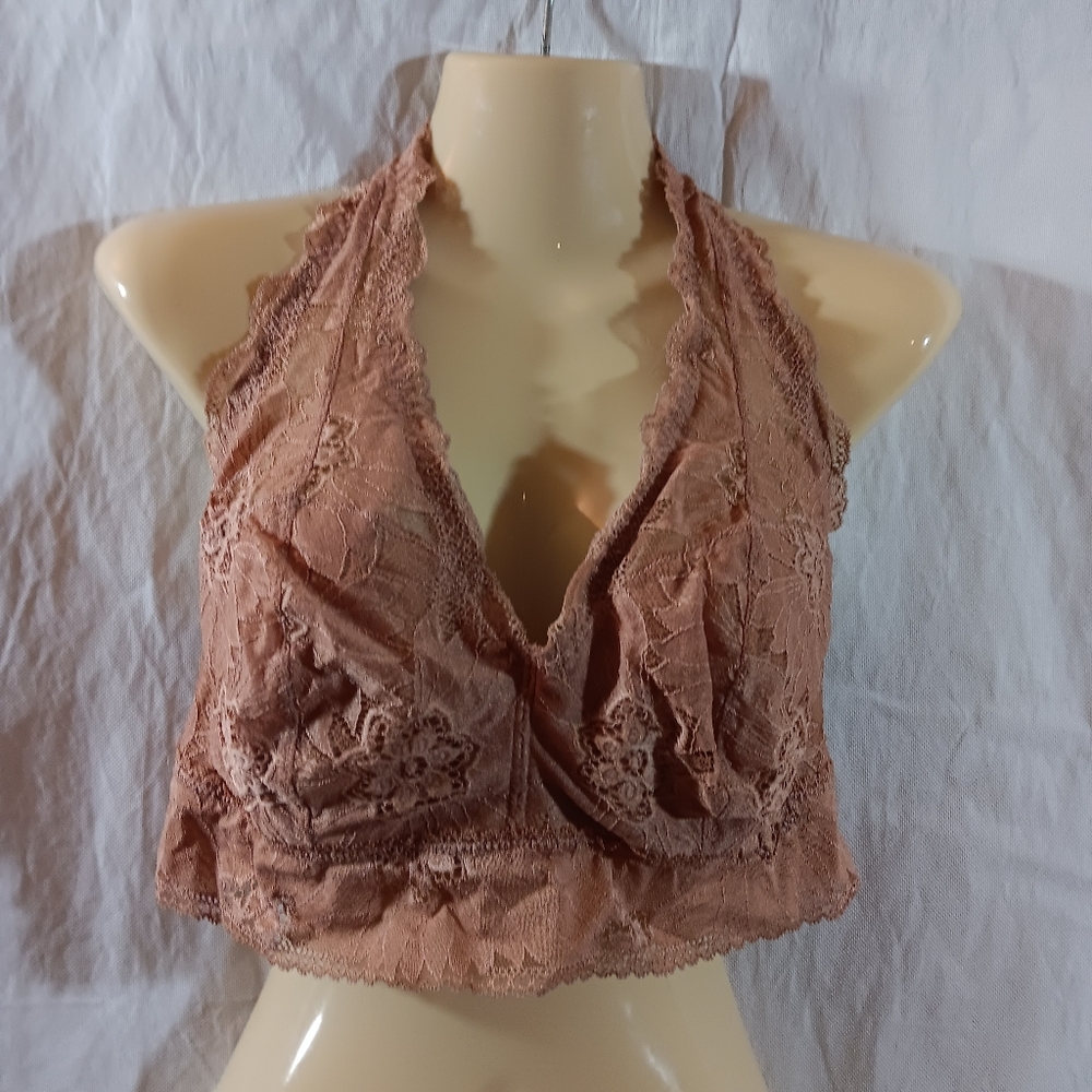 Aerie Womens XL Bralette Tan Halter Floral Lace